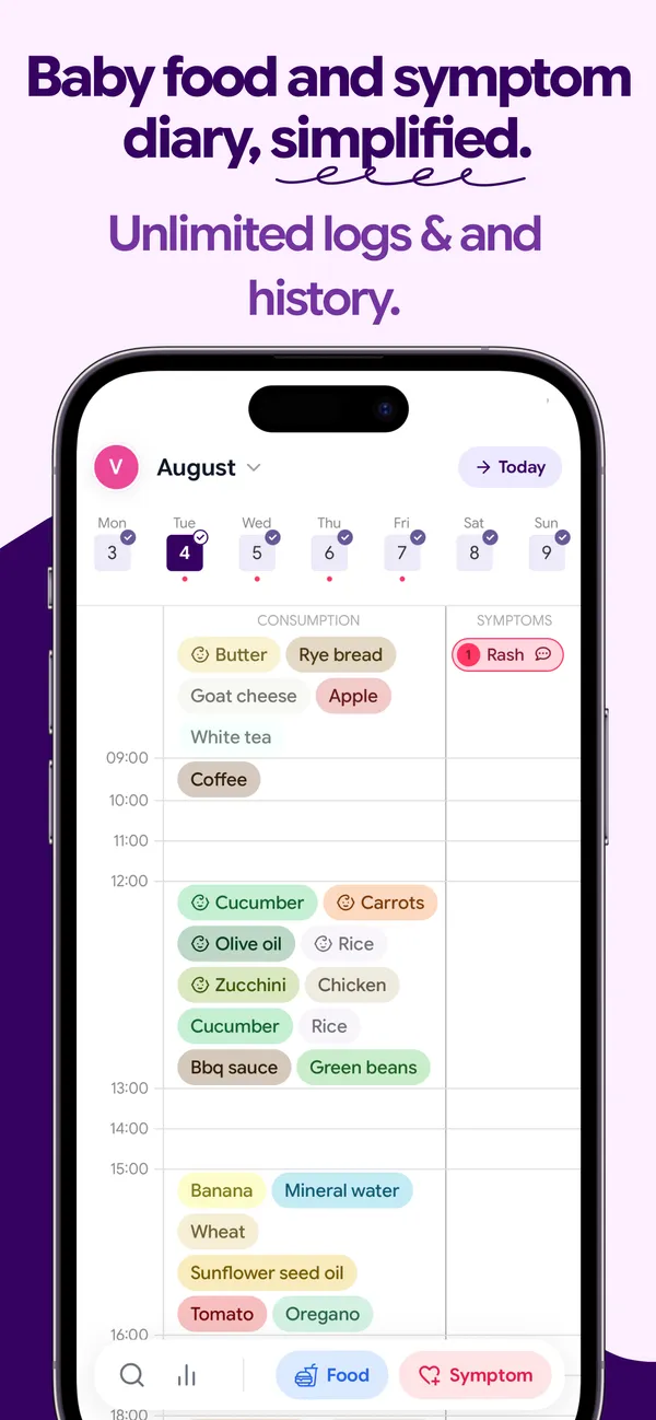 Baby food and symptom diary, simplified — unlimited logs and history
