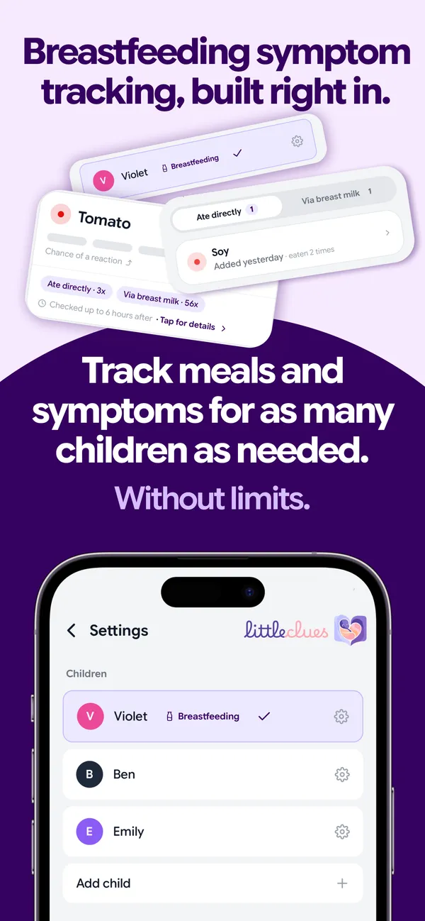 Breastfeeding symptom tracking built right in, for as many children as you need
