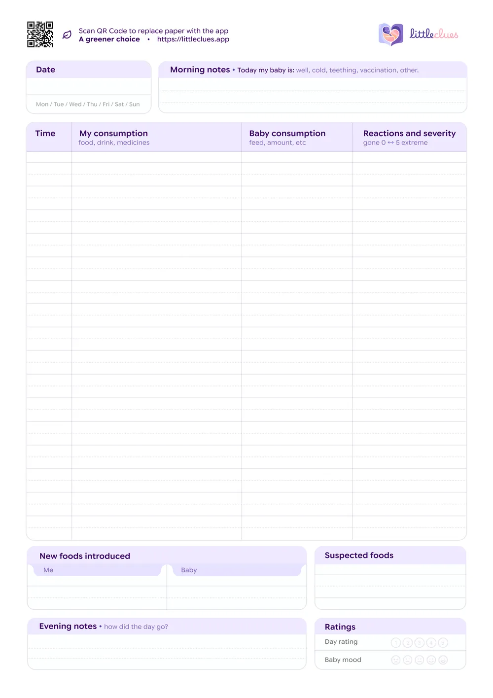 Preview of the printable breastfeeding food and symptom diary: an A4 page with a date box, morning notes, and a table of Time, My consumption, Baby consumption, and Reactions and severity, above boxes for new foods introduced, suspected foods, evening notes and day ratings.