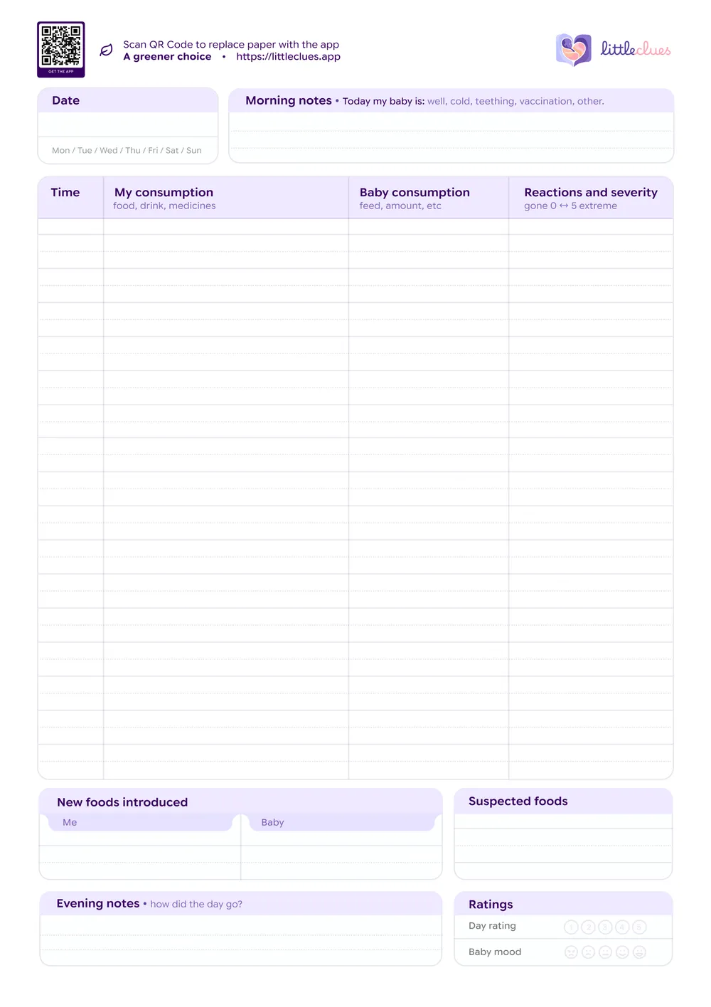 Preview of the printable breastfeeding food and symptom diary: an A4 page with a date box, morning notes, and a table of Time, My consumption, Baby consumption, and Reactions and severity, above boxes for new foods introduced, suspected foods, evening notes and day ratings.